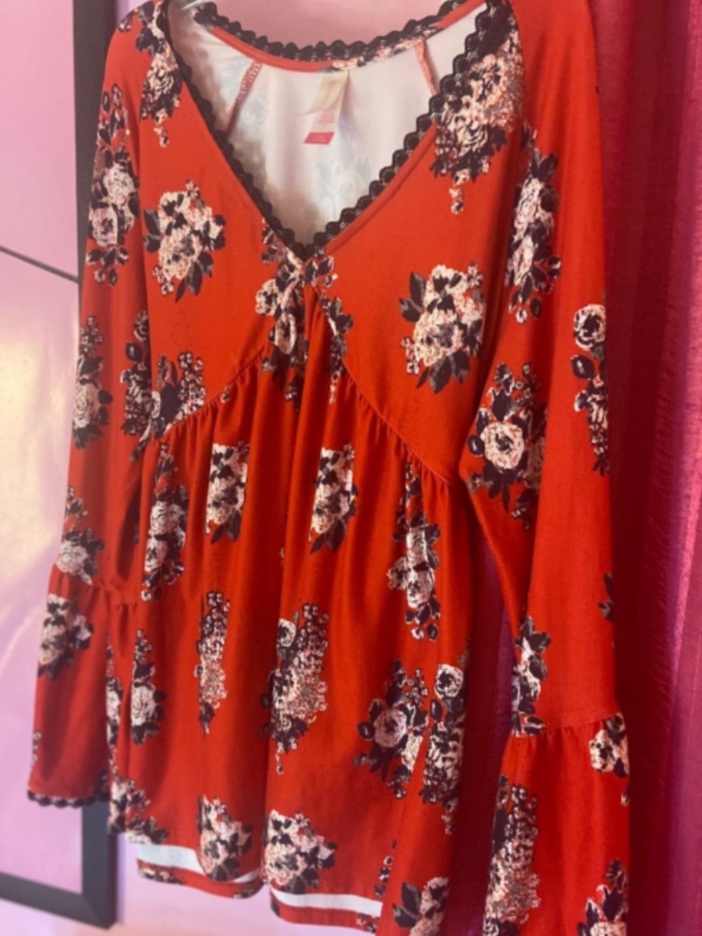 Y2k Bell Sleeve Baby Doll Blouse Retro Scarlet Red Billowy Floral Women's Large - Picture 2 of 4